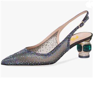 FSJ Dark Purple Pointed Toe Slingback Wedding Chunky Low Heel Rhinestone Pumps